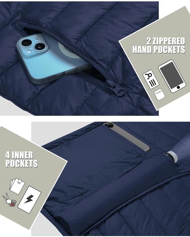 Winter Jacket Men's Packable Outdoor Down Jackets Hooded Jacket Autumn Waterproof Puffer Jacket with 6 Pockets for Running Travel