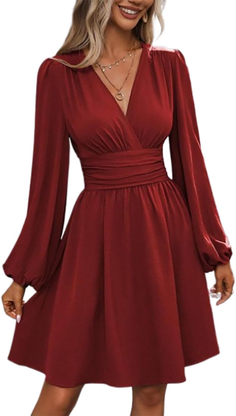 Vangreynve Damen Minikleid V-Ausschnitt A-Linie Kleider Elegant Hohe Taille Langarm Freizeitkleid