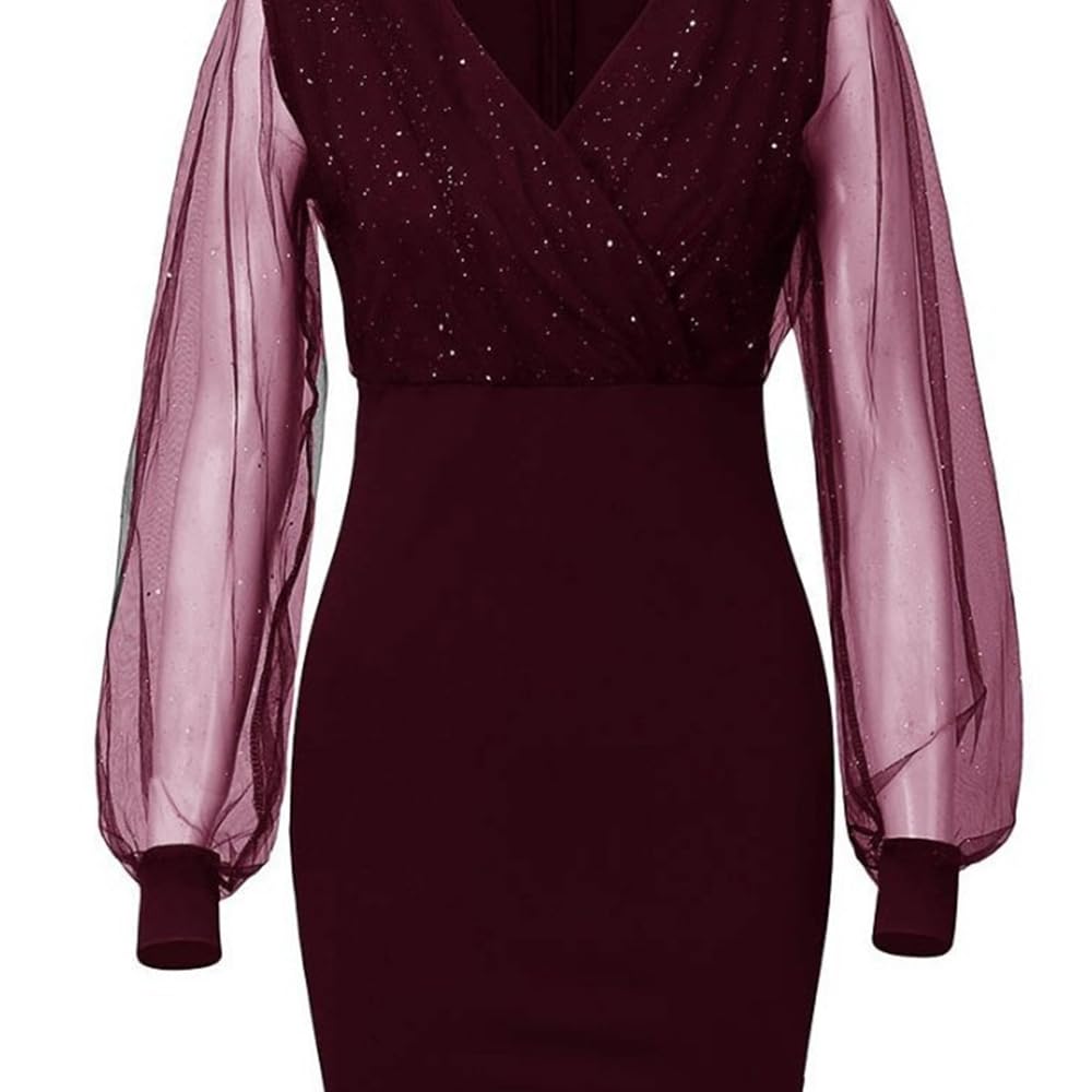 Mini Langarm Kleid Damen Elegante Pailletten Kleid Kurze Eng Spitzen Kleider Abendkleid Damen Figurbetontes Lange Ärmel Partykleid Moden Hohe Taille Wickelkleider