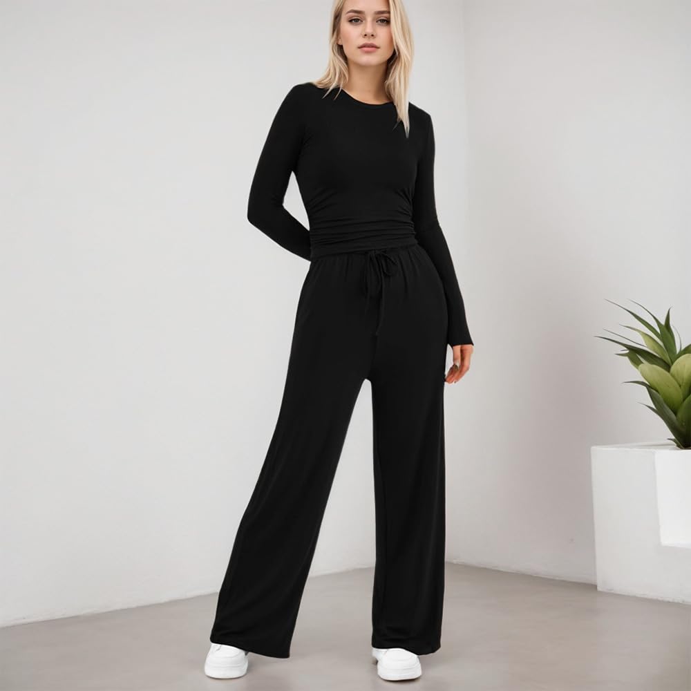 KOEMCY Zweiteiler Damen 2 Stück Tracksuit Langarm Rundhalsausschnitt Jogginganzug Sweatshirt und Weites Bein Hose mit Taschen Elegant Freizeitanzug Sportanzug