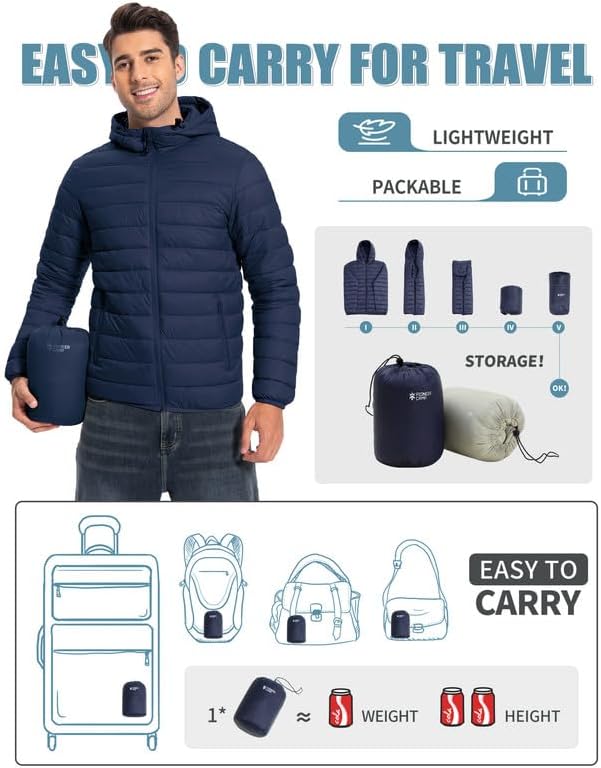 Winter Jacket Men's Packable Outdoor Down Jackets Hooded Jacket Autumn Waterproof Puffer Jacket with 6 Pockets for Running Travel
