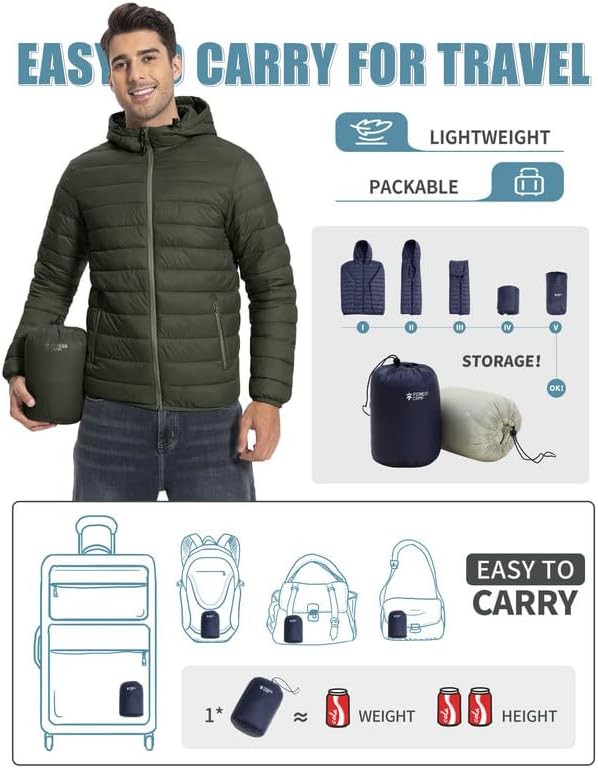 Winter Jacket Men's Packable Outdoor Down Jackets Hooded Jacket Autumn Waterproof Puffer Jacket with 6 Pockets for Running Travel