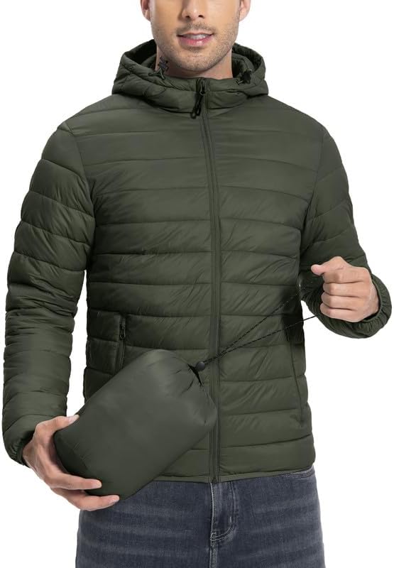 Winter Jacket Men's Packable Outdoor Down Jackets Hooded Jacket Autumn Waterproof Puffer Jacket with 6 Pockets for Running Travel
