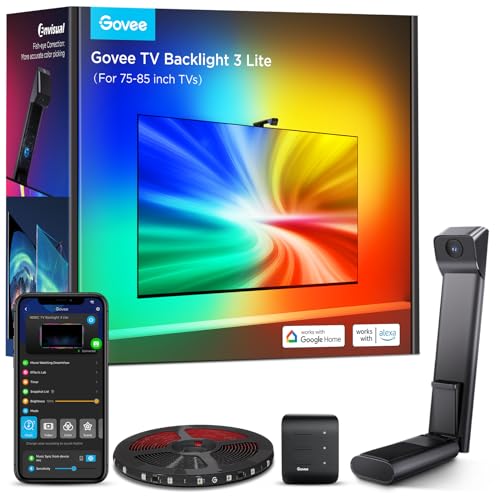 Govee TV Hintergrundbeleuchtung 3 Lite mit Fish-Eye Korrektur Funktion, Sync für 55-65 Zoll TVs, 3,6M RGBICW WiFi TV LED Strip mit Kamera, 4 Farben in 1 Lampenperle, Sprach- & APP-Steuerung