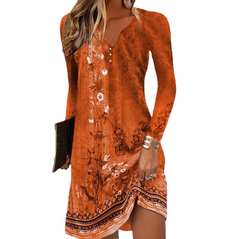 Yeenily Damen Bohemian Langarm Kleid V-Ausschnitt Blumenmuster Tunikakleider A Linien Lose Lässiges MiniKleid Freizeitkleid