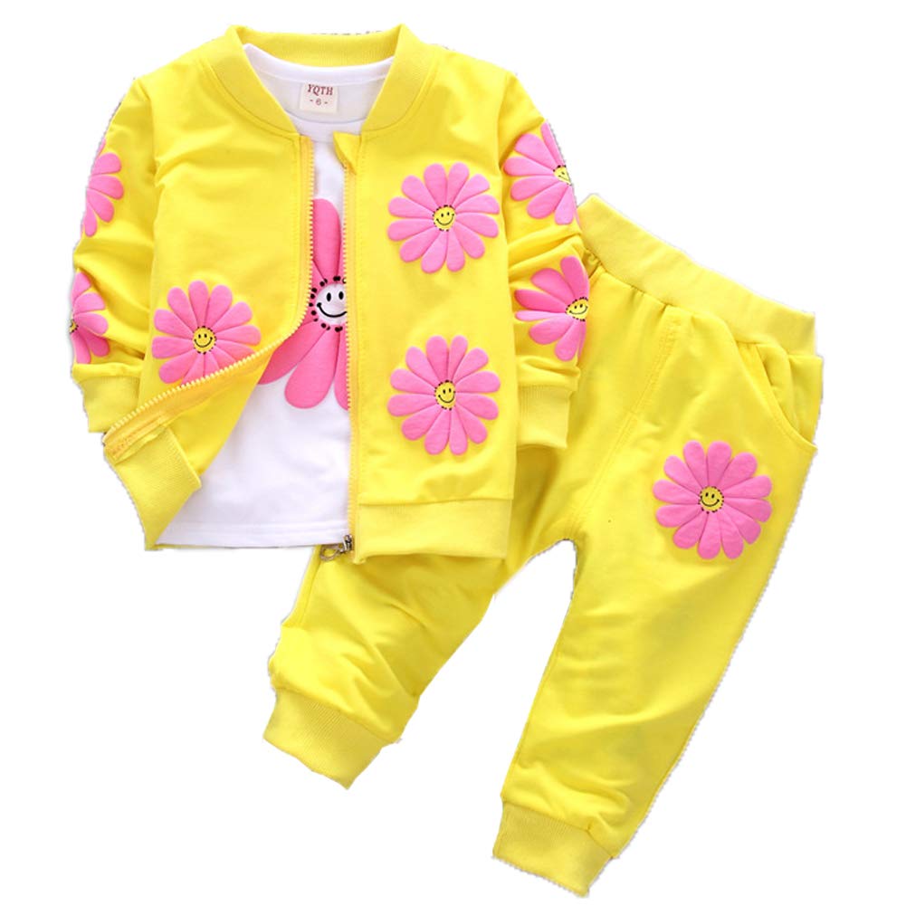Yao 1-5 Jahre Kleinkind & kleine Mädchen Blumen drucken 3-teilige Sets Reißverschluss Jacke Langarm Rundhals T-Shirt und Hose