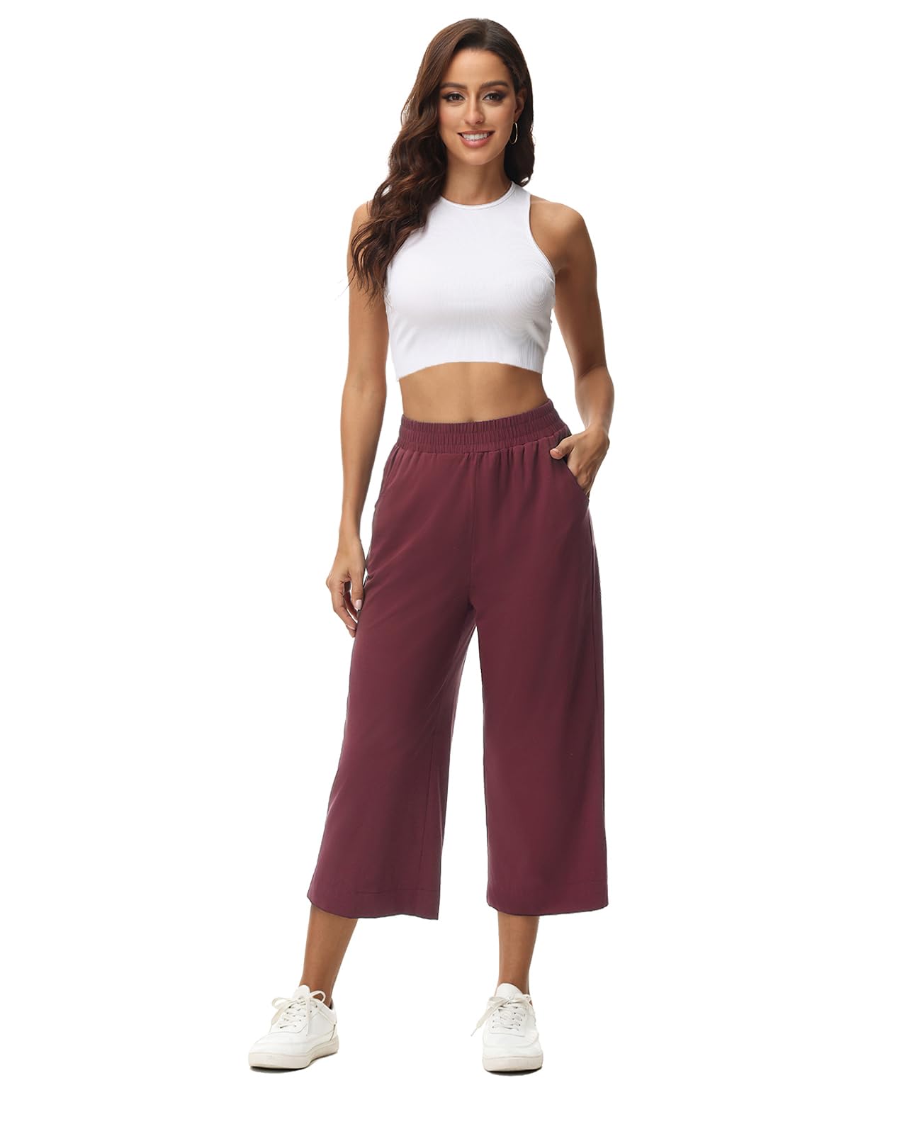 Damen 3/4 Culotte Hose leicht Sommerhose aus Baumwolle Jogginghose mit Taschen