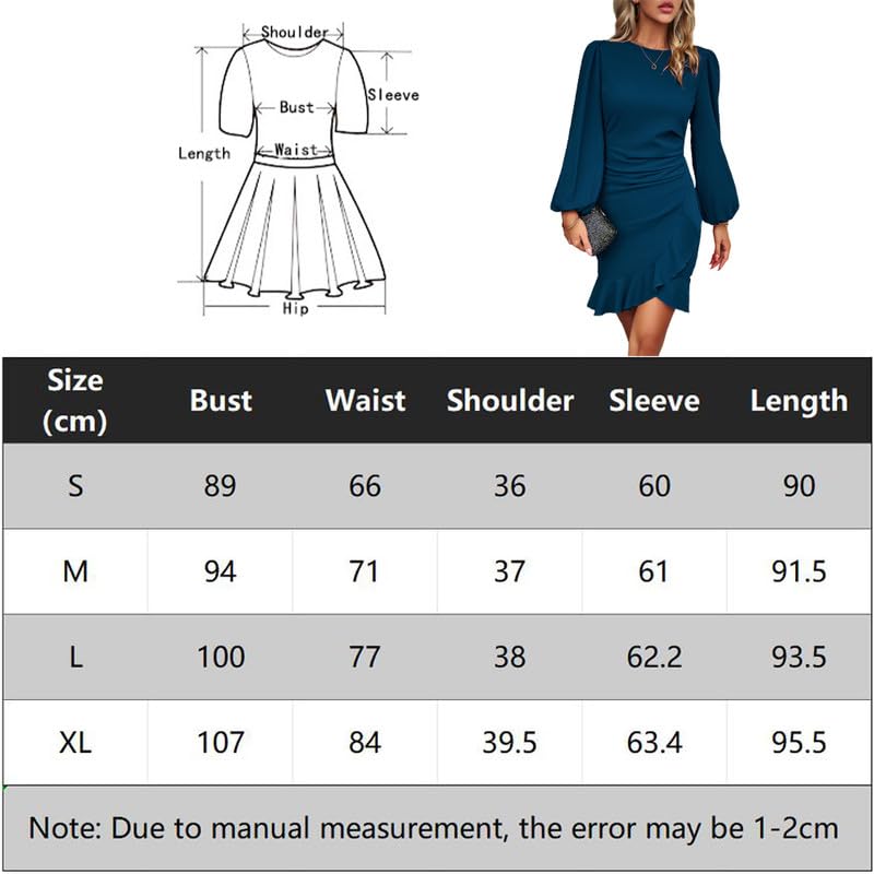 Haibang Damen Kleid Elegant Langarm Bodycon Rüschen Puffärmel Kurz Kleider Einfarbige Abendkleider Partykleid Vintage Freizeitkleid Rundhals Businesskleider Sexy Bleistiftkleid für Festlich Hochzeit