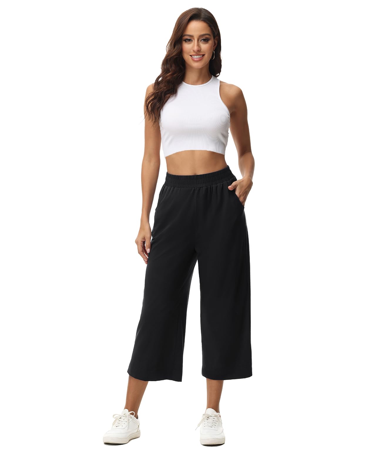 Damen 3/4 Culotte Hose leicht Sommerhose aus Baumwolle Jogginghose mit Taschen