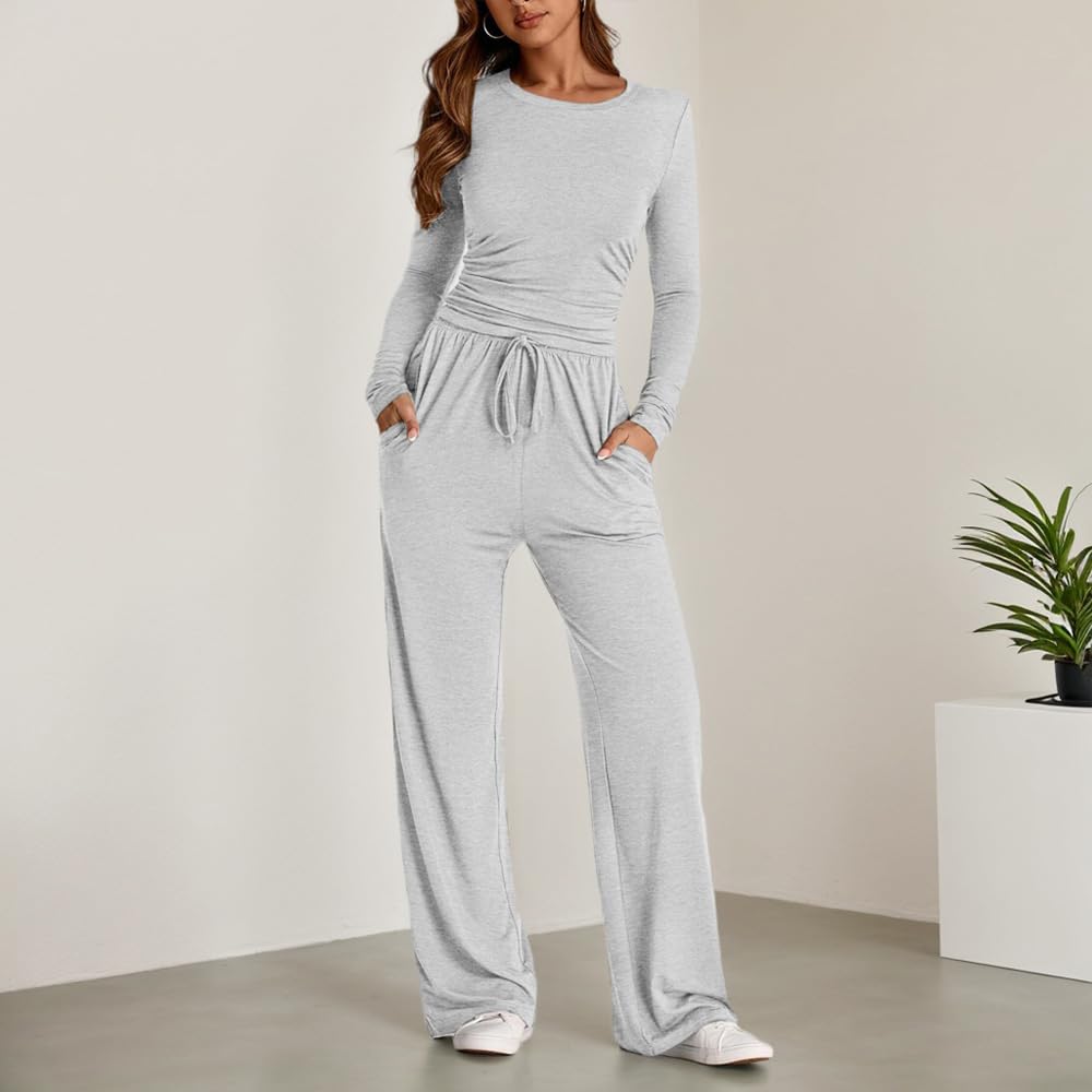 KOEMCY Zweiteiler Damen 2 Stück Tracksuit Langarm Rundhalsausschnitt Jogginganzug Sweatshirt und Weites Bein Hose mit Taschen Elegant Freizeitanzug Sportanzug