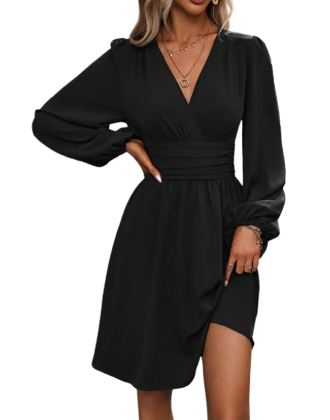 Vangreynve Damen Minikleid V-Ausschnitt A-Linie Kleider Elegant Hohe Taille Langarm Freizeitkleid