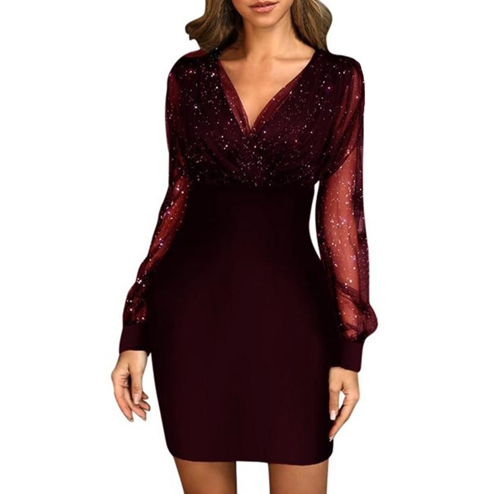 Mini Langarm Kleid Damen Elegante Pailletten Kleid Kurze Eng Spitzen Kleider Abendkleid Damen Figurbetontes Lange Ärmel Partykleid Moden Hohe Taille Wickelkleider
