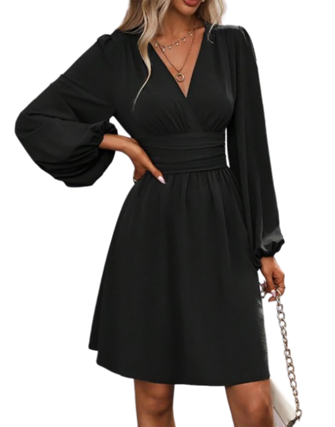 Vangreynve Damen Minikleid V-Ausschnitt A-Linie Kleider Elegant Hohe Taille Langarm Freizeitkleid