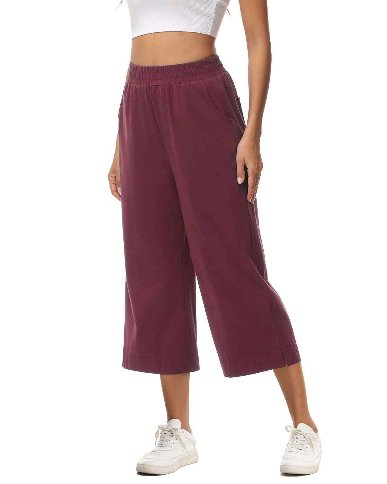 Damen 3/4 Culotte Hose leicht Sommerhose aus Baumwolle Jogginghose mit Taschen