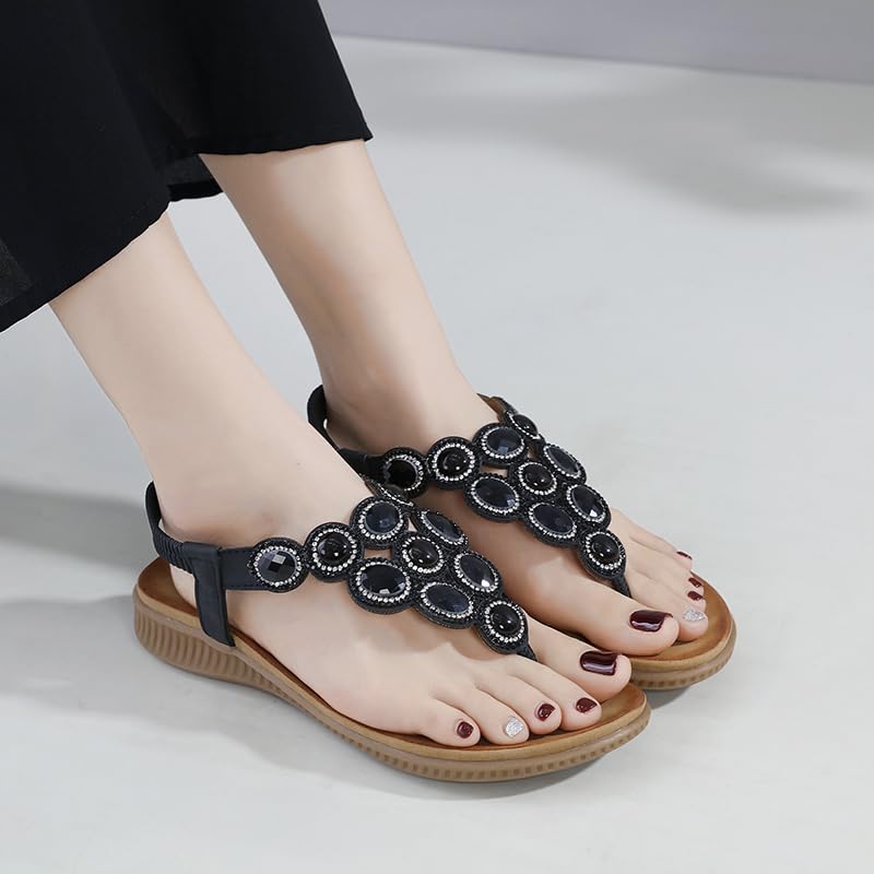 Meik Mangni Damen Sandalen Sommer Bohemian Flache Zehentrenner Strass Sandaletten Strand Schuhe Plattform Flip Flops Gr.36-42