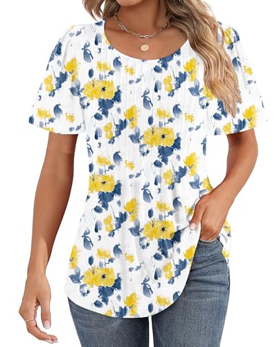 Cuptacc Tshirt Damen Rundhals Mit Falten Locker Puffärmel T-Shirt Elegant Kurzarm Geblümt/Einfarbig Top Damen