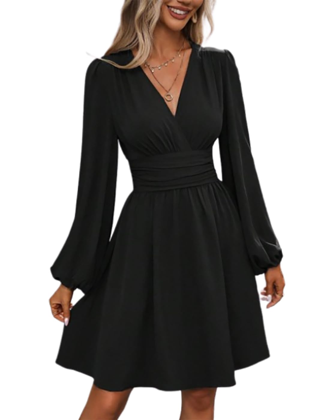 Vangreynve Damen Minikleid V-Ausschnitt A-Linie Kleider Elegant Hohe Taille Langarm Freizeitkleid