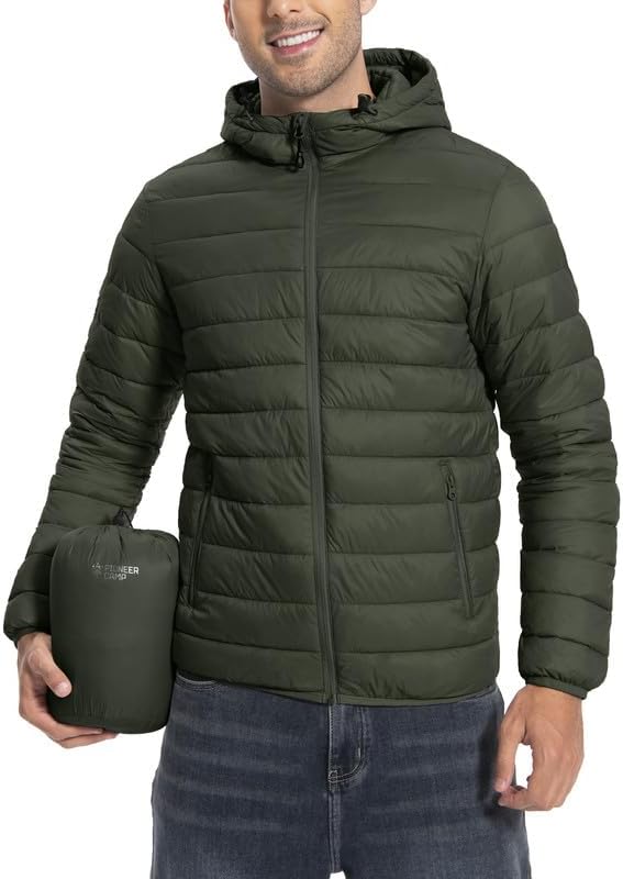 Winter Jacket Men's Packable Outdoor Down Jackets Hooded Jacket Autumn Waterproof Puffer Jacket with 6 Pockets for Running Travel