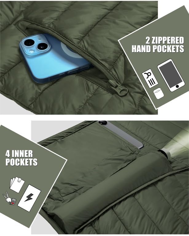 Winter Jacket Men's Packable Outdoor Down Jackets Hooded Jacket Autumn Waterproof Puffer Jacket with 6 Pockets for Running Travel