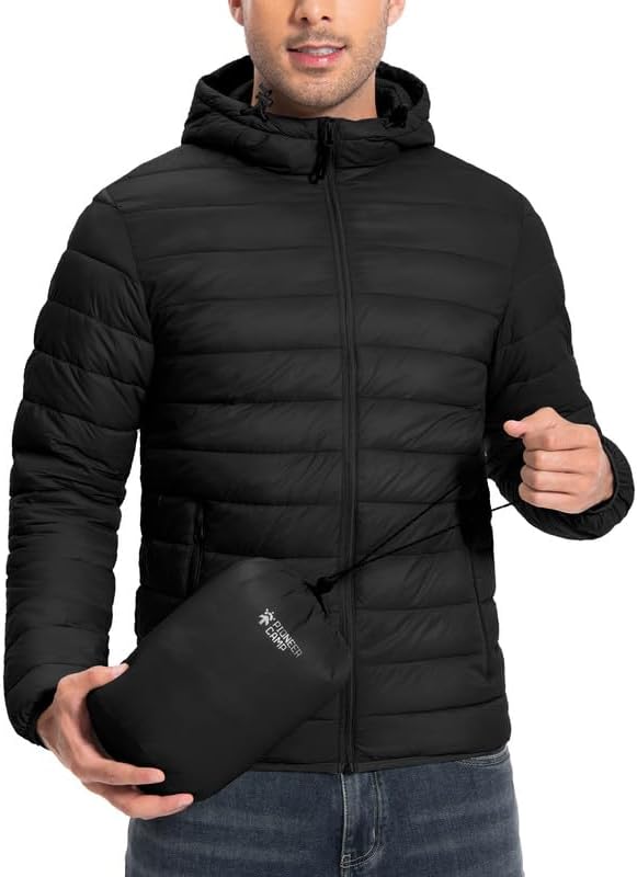 Winter Jacket Men's Packable Outdoor Down Jackets Hooded Jacket Autumn Waterproof Puffer Jacket with 6 Pockets for Running Travel