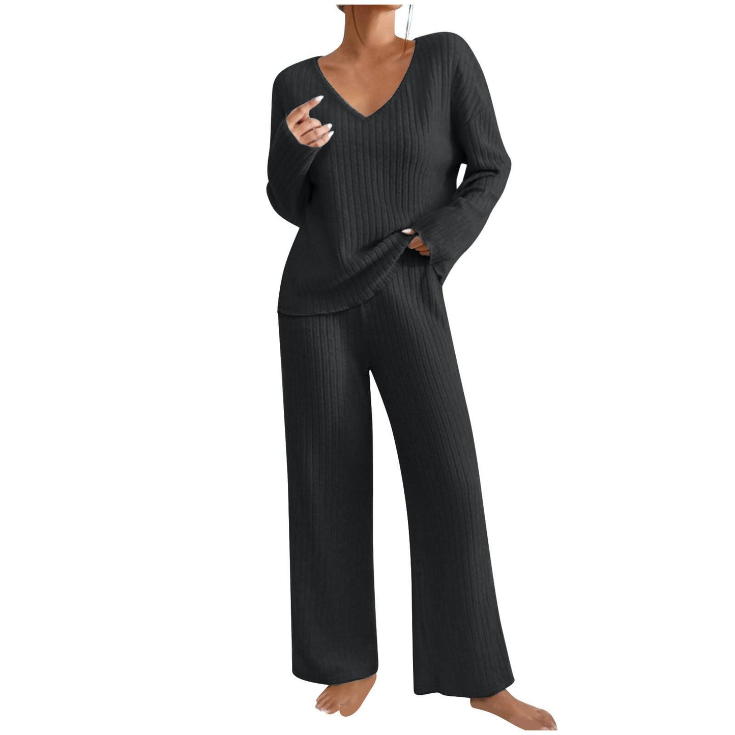 Hausanzug Damen Elegant Gestrickte Loungewear Einfarbig Strickanzug Langarm Schlafanzüge Zweiteiler V-Ausschnitt Homewear Locker Freizeitanzug Outfit Weites Bein Hose mit Taschen Lounge Set