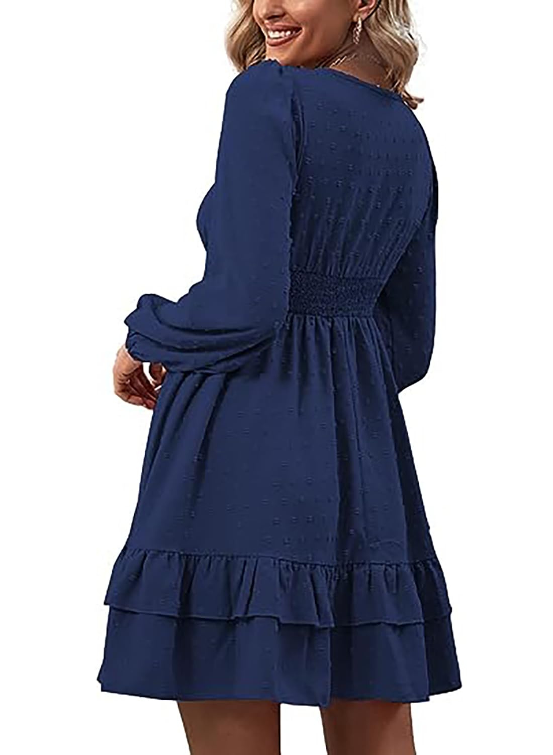 Vangreynve Damen Minikleid V-Ausschnitt A-Linie Kleider Elegant Hohe Taille Langarm Freizeitkleid