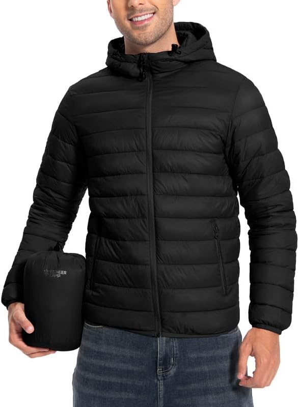 Winter Jacket Men's Packable Outdoor Down Jackets Hooded Jacket Autumn Waterproof Puffer Jacket with 6 Pockets for Running Travel