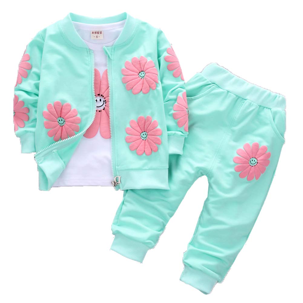 Yao 1-5 Jahre Kleinkind & kleine Mädchen Blumen drucken 3-teilige Sets Reißverschluss Jacke Langarm Rundhals T-Shirt und Hose