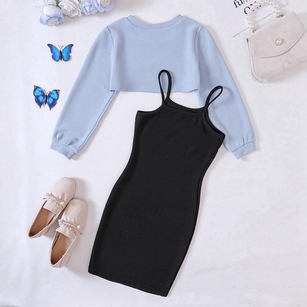 Zweiteiler Mädchen Bekleidungssets Outfit ärmelloses figurbetontes Cami Kleid & langärmliges Oberteil Crop Tops Sommer Teenager Mädchen Schmetterlings Kleider 122,128,134,140,146,152,158,164