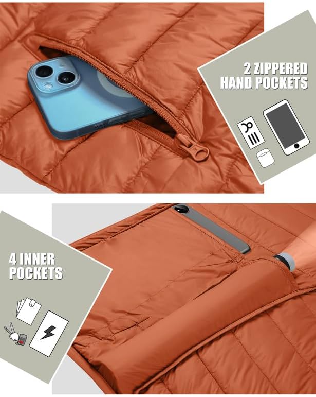 Winter Jacket Men's Packable Outdoor Down Jackets Hooded Jacket Autumn Waterproof Puffer Jacket with 6 Pockets for Running Travel