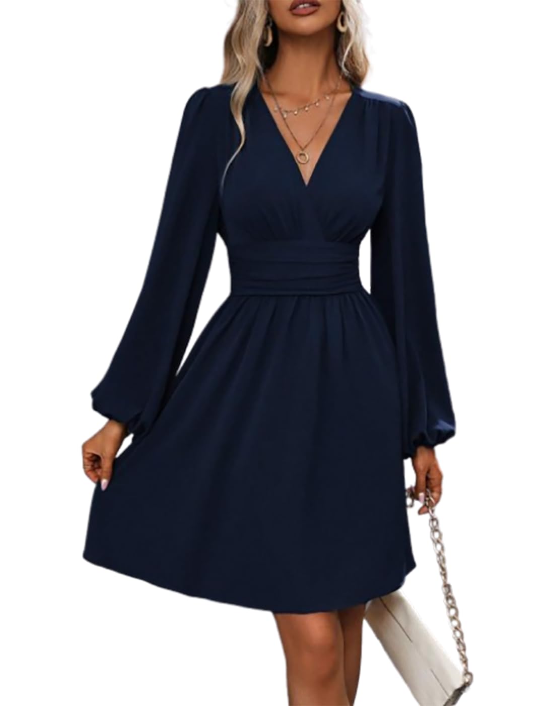 Vangreynve Damen Minikleid V-Ausschnitt A-Linie Kleider Elegant Hohe Taille Langarm Freizeitkleid