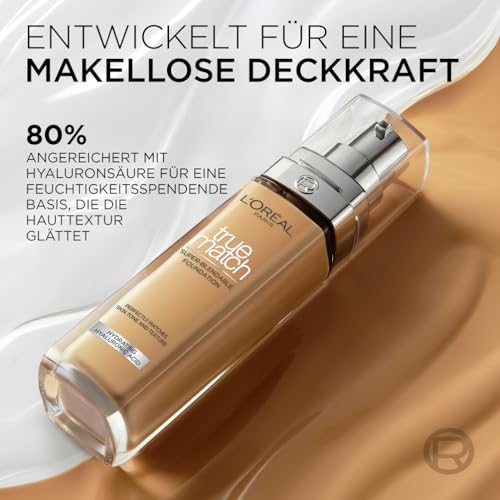 L'Oréal Paris Make up, Flüssige Foundation mit Hyaluron und Aloe Vera, True Match Make-Up, Nr. 5.N Sand, 30 ml
