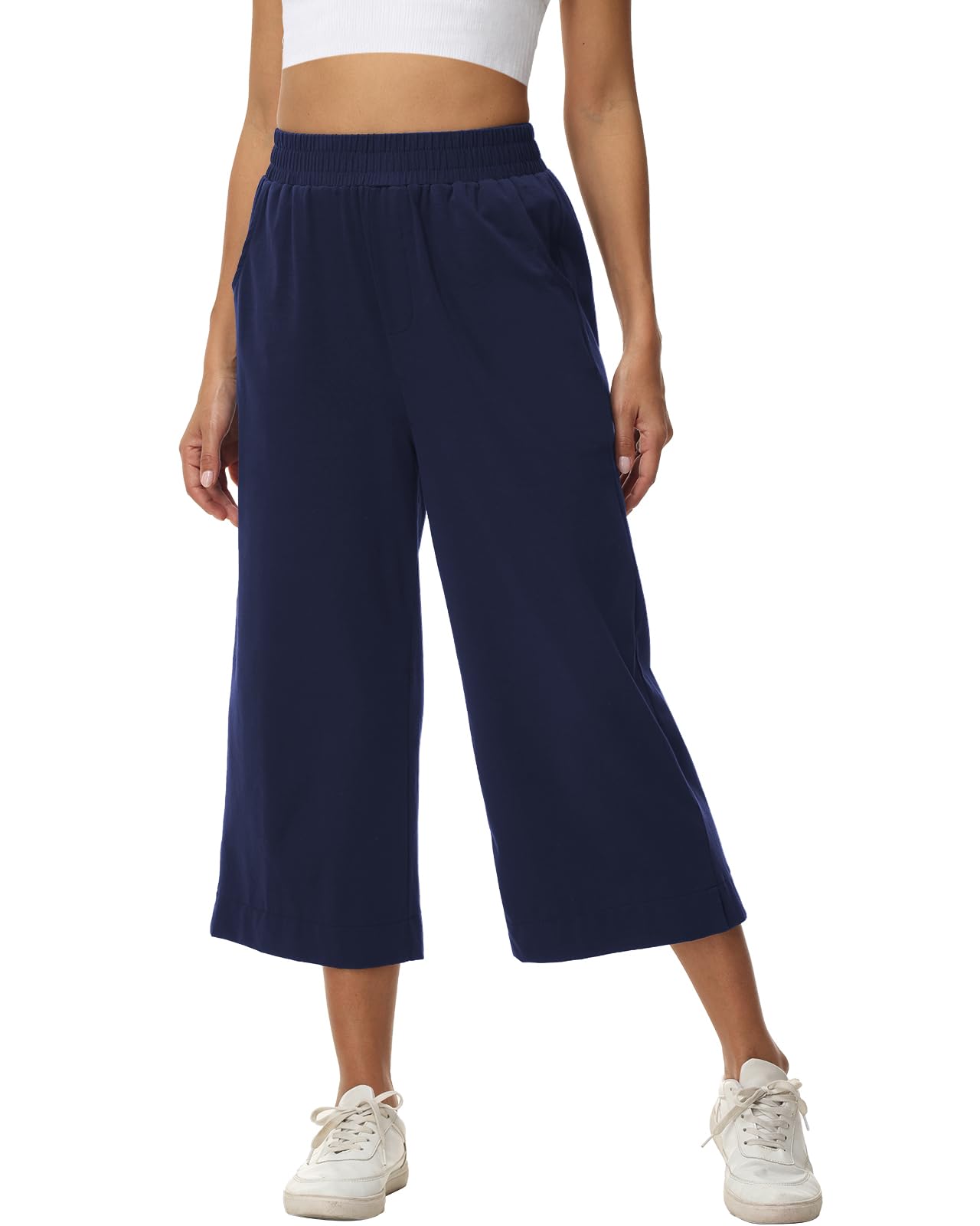 Damen 3/4 Culotte Hose leicht Sommerhose aus Baumwolle Jogginghose mit Taschen