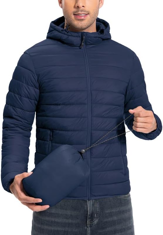 Winter Jacket Men's Packable Outdoor Down Jackets Hooded Jacket Autumn Waterproof Puffer Jacket with 6 Pockets for Running Travel