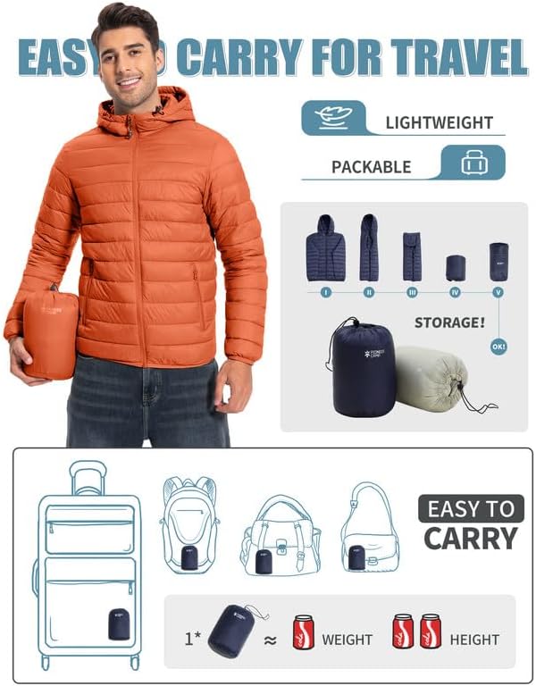 Winter Jacket Men's Packable Outdoor Down Jackets Hooded Jacket Autumn Waterproof Puffer Jacket with 6 Pockets for Running Travel