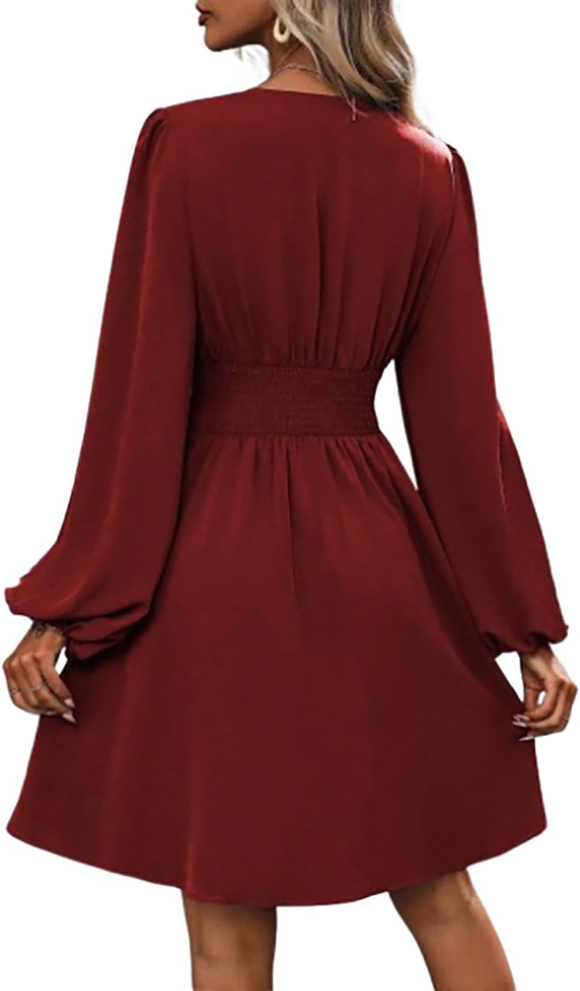 Vangreynve Damen Minikleid V-Ausschnitt A-Linie Kleider Elegant Hohe Taille Langarm Freizeitkleid