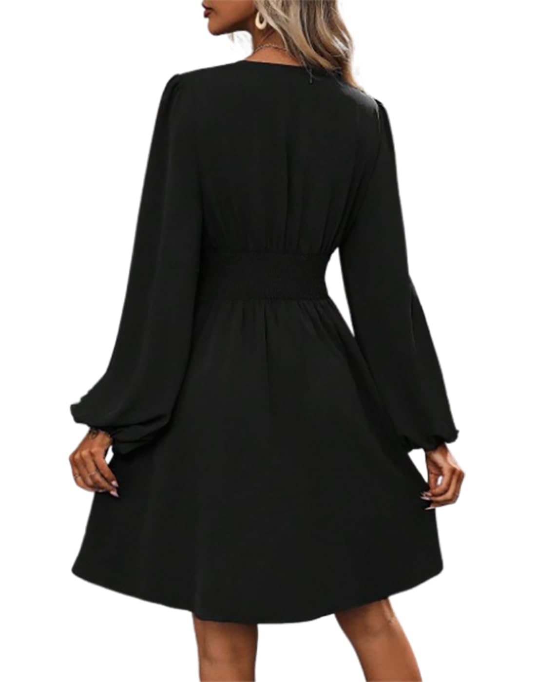 Vangreynve Damen Minikleid V-Ausschnitt A-Linie Kleider Elegant Hohe Taille Langarm Freizeitkleid