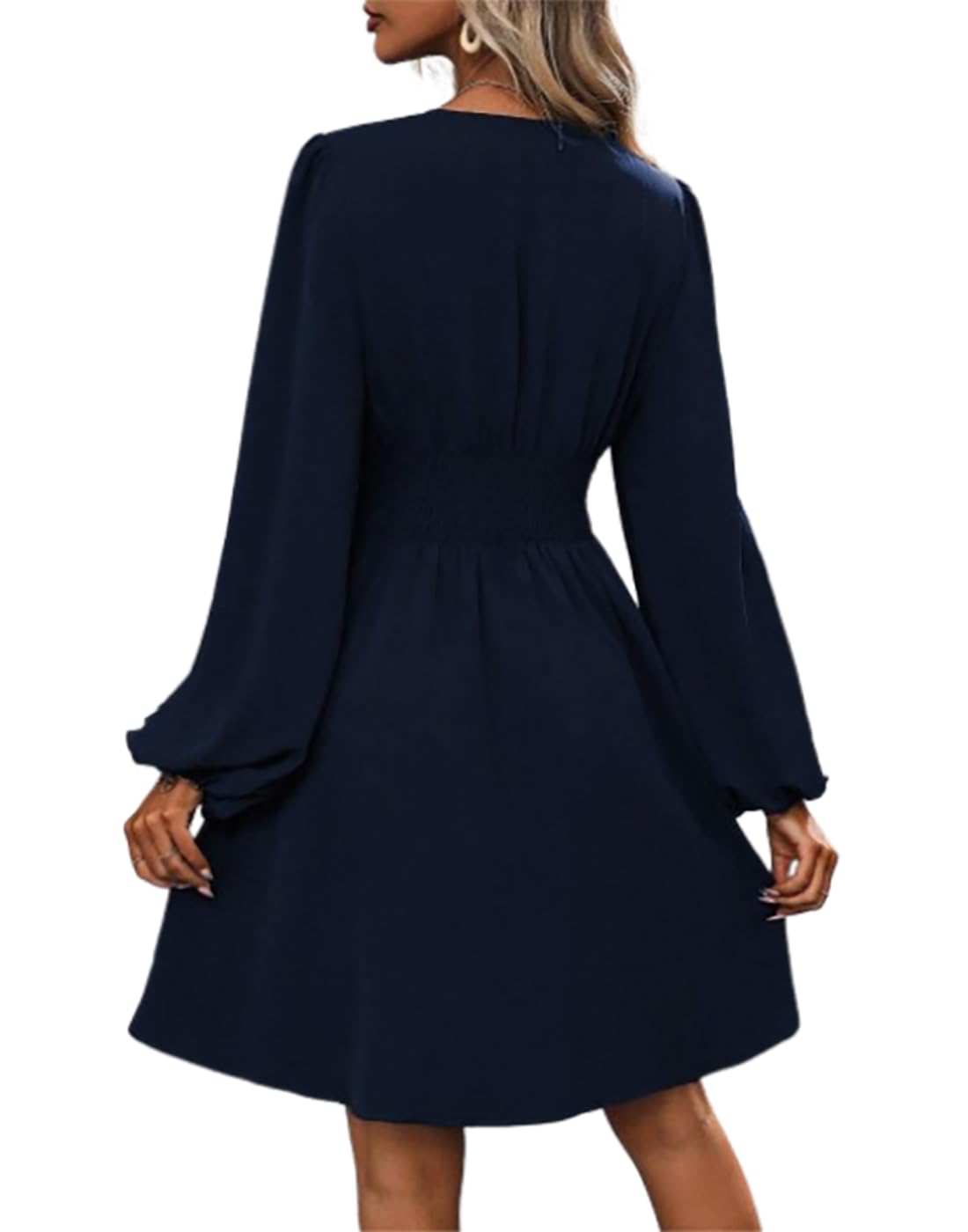 Vangreynve Damen Minikleid V-Ausschnitt A-Linie Kleider Elegant Hohe Taille Langarm Freizeitkleid