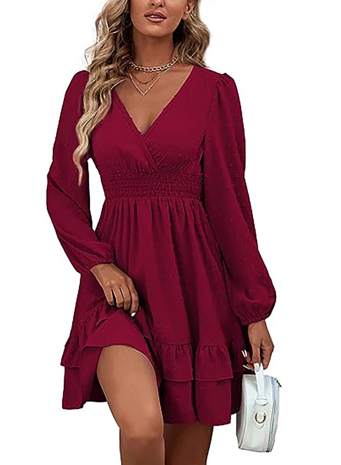 Vangreynve Damen Minikleid V-Ausschnitt A-Linie Kleider Elegant Hohe Taille Langarm Freizeitkleid