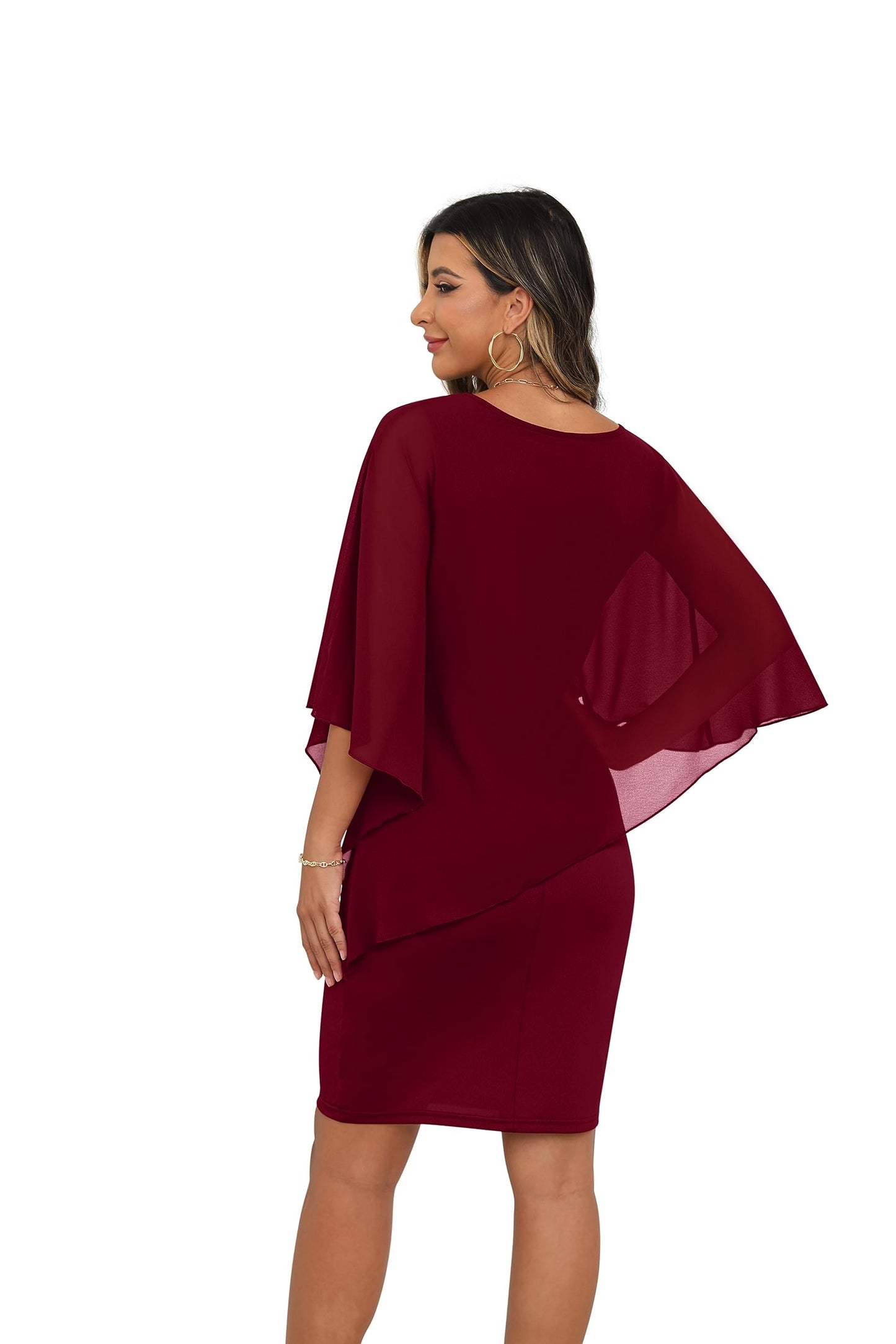 QIXING Damen Chiffon Cape Cocktialkleid Rundhals Ausschnitt Bleistiftkleid Sommerkleid Damen Knielang Elegant Abendkleid Mit Overlay Casual Bodycon Kleider