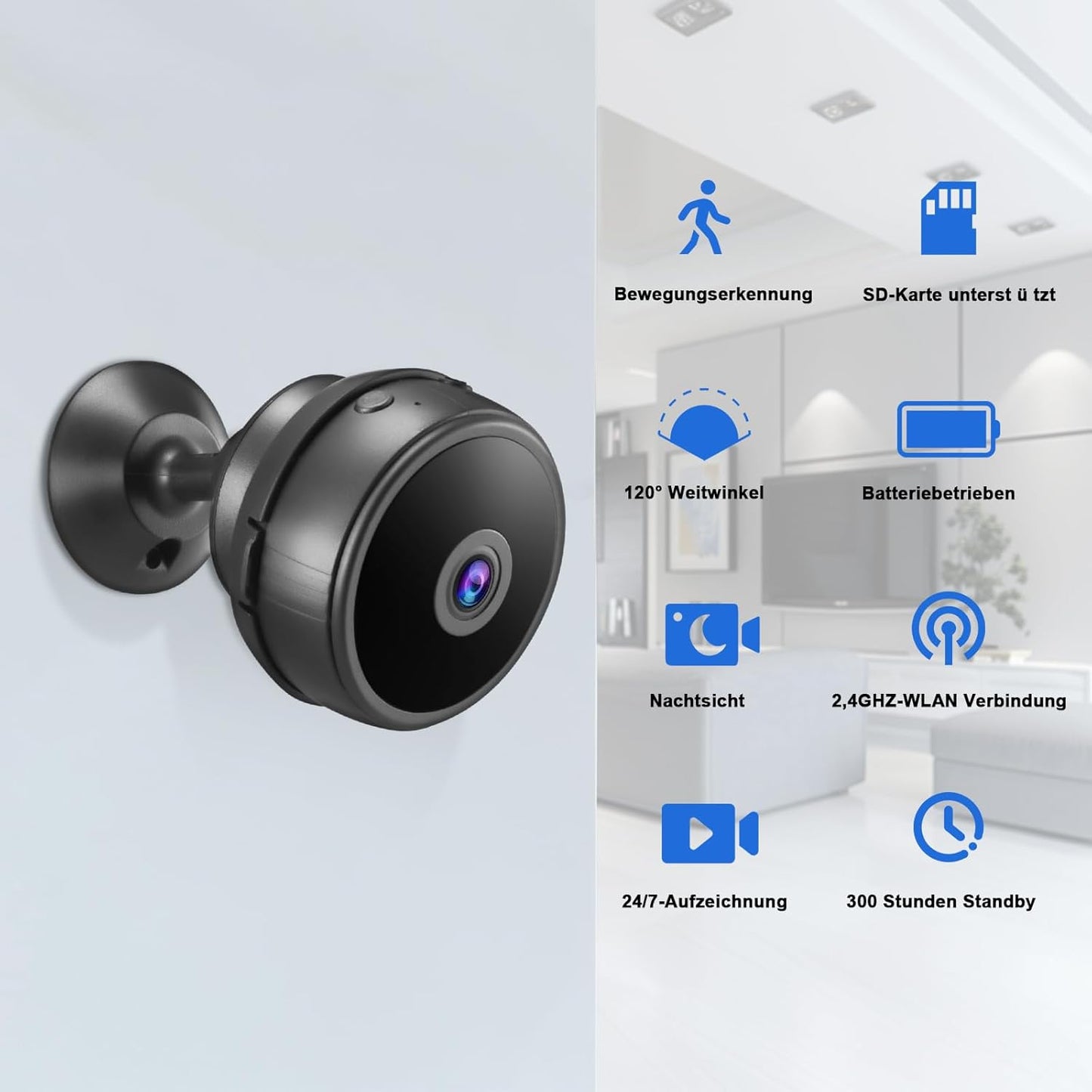 Mini-Kamera 1080P FHD Überwachungskamera innen WLAN Live Übertragung Handy APP WiFi Camera Indoor mit Akku Kleine Kompakte Sicherheitskamera mit Nachtsicht Bewegungsmelder für Baby Alten Haustier
