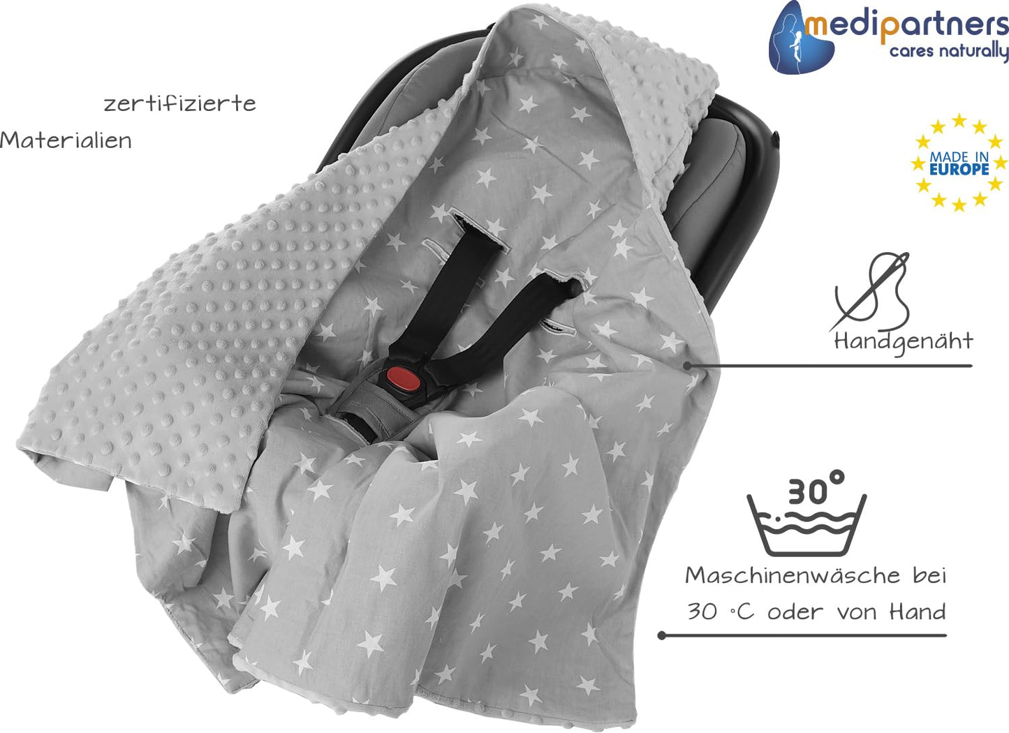 Medi Partners Einschlagdecke Baby Babyschale 100% Baumwolle für Sommer 85x85cm Kinderwagen Kuscheldecke universal Baby Decke Einschlagdecken Babydecke Buggy Autositz (weiße Sterne mit grauen Minky