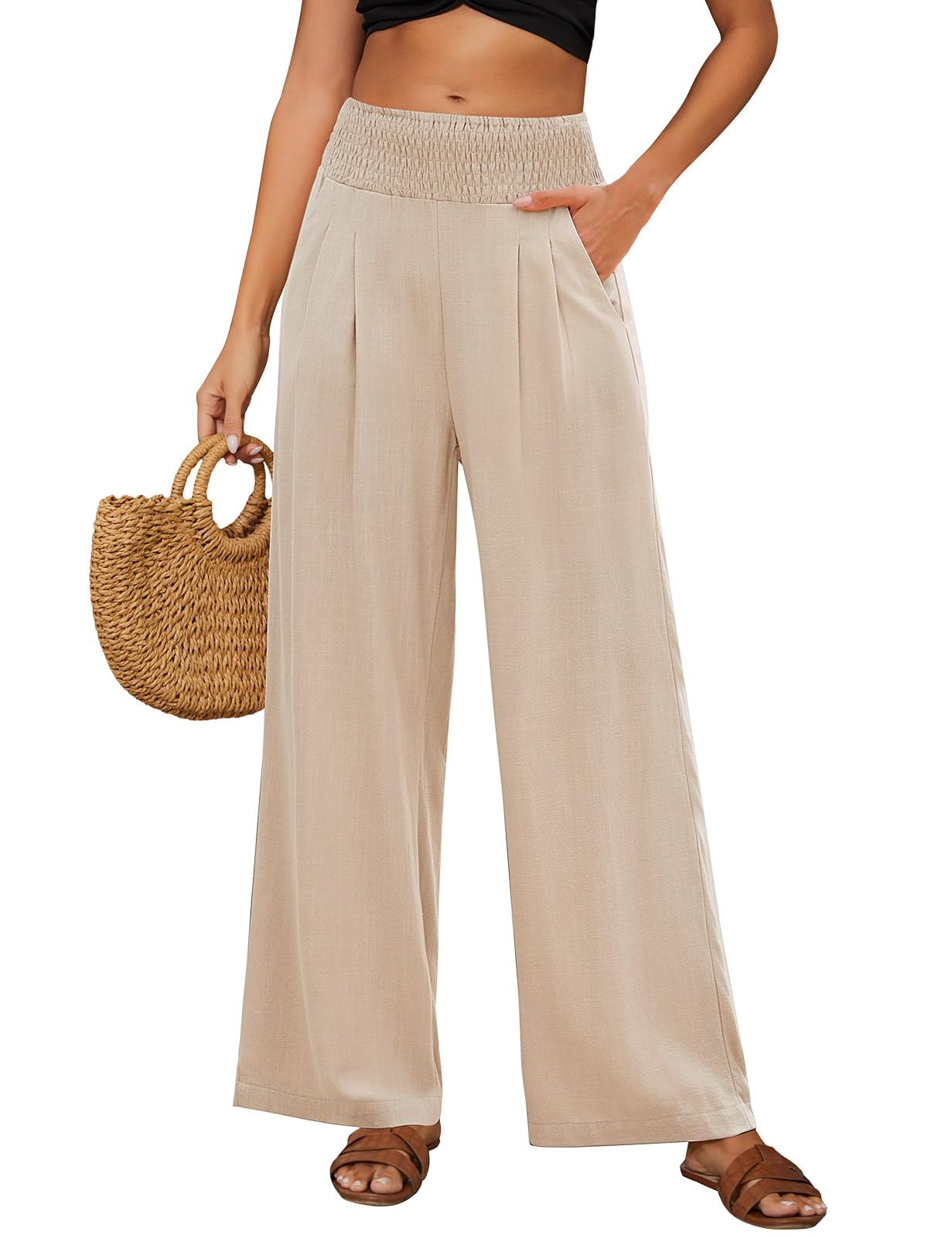Niwicee Leinenhose Damen Sommer Baumwolle Leinen Hose High Waist Geradem Lose Casual Sommerhose mit Taschen Elastisch Hohe Taille Freizeithose Strandhose Lang Leichte