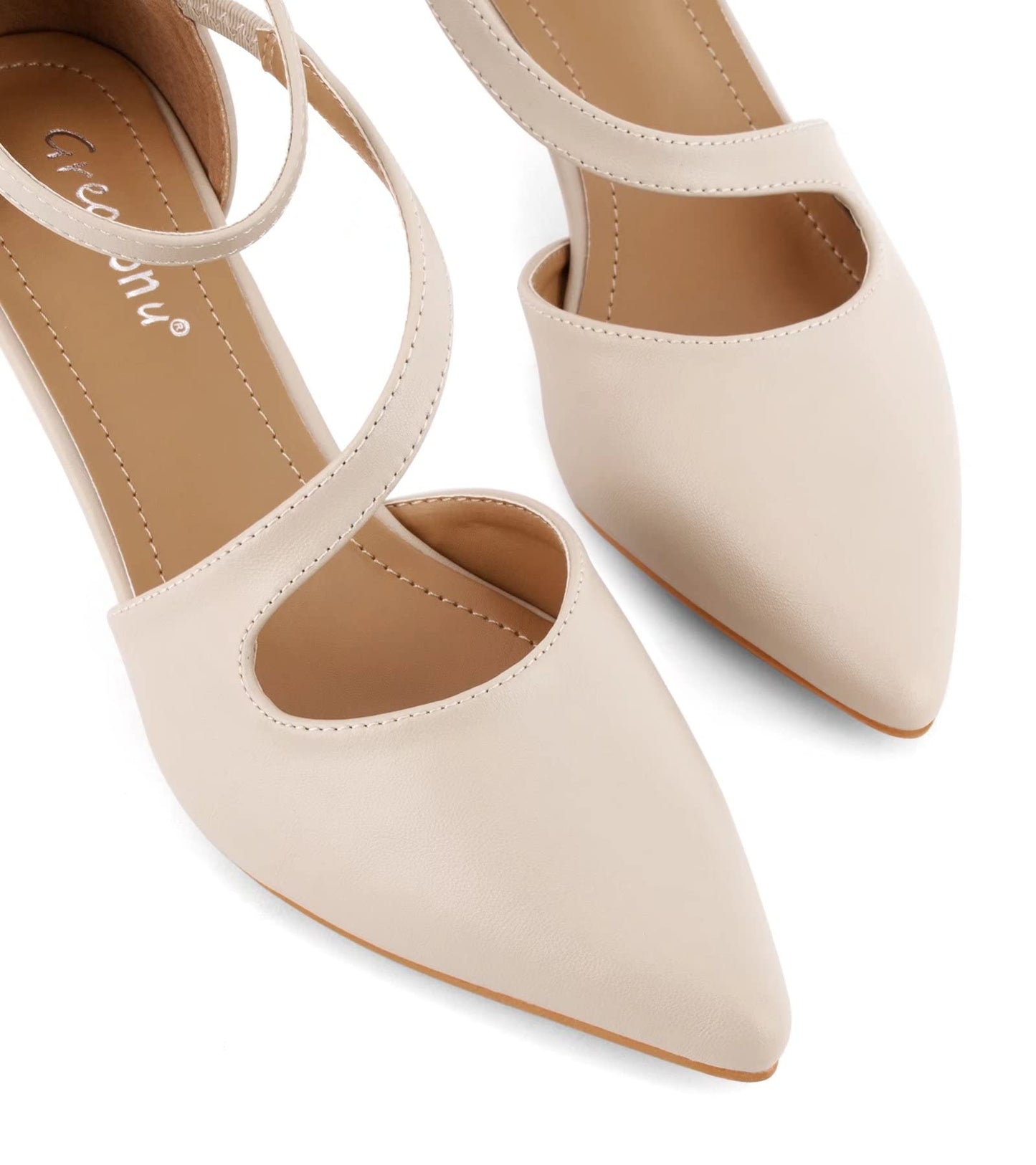 Greatonu Women's Pointed Toe Court Shoes with Ankle Strap and Kitten Heel
