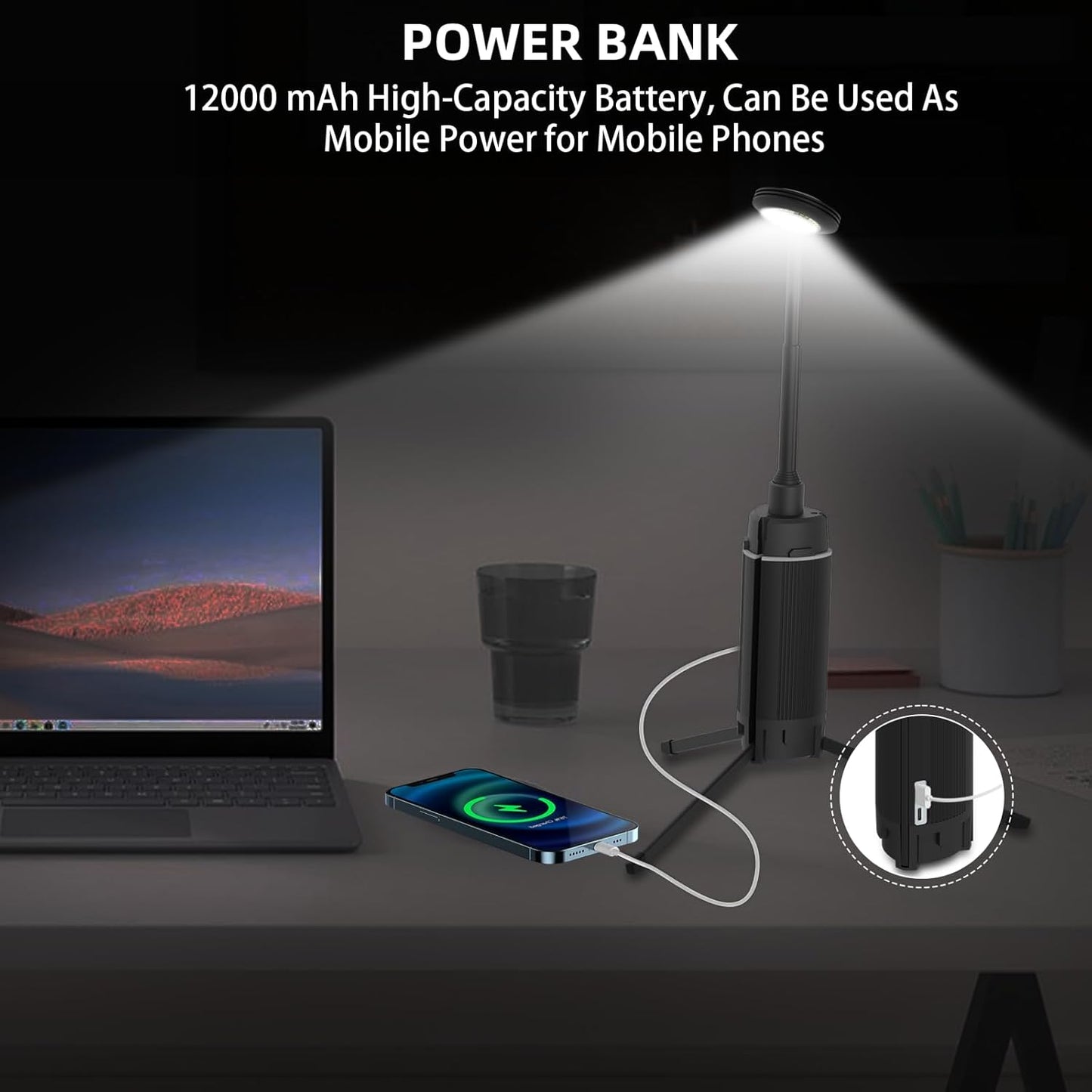 Outdoor campinglampe, wiederaufladbar mit 12000mAh Powerbank Camping-Leuchten mit supergroßer Kapazität, Einstellbare Höhe und Helligkeit, 800LM, 3 Lichtmodi, Taschenlampe für Camping, Reisen, Angeln
