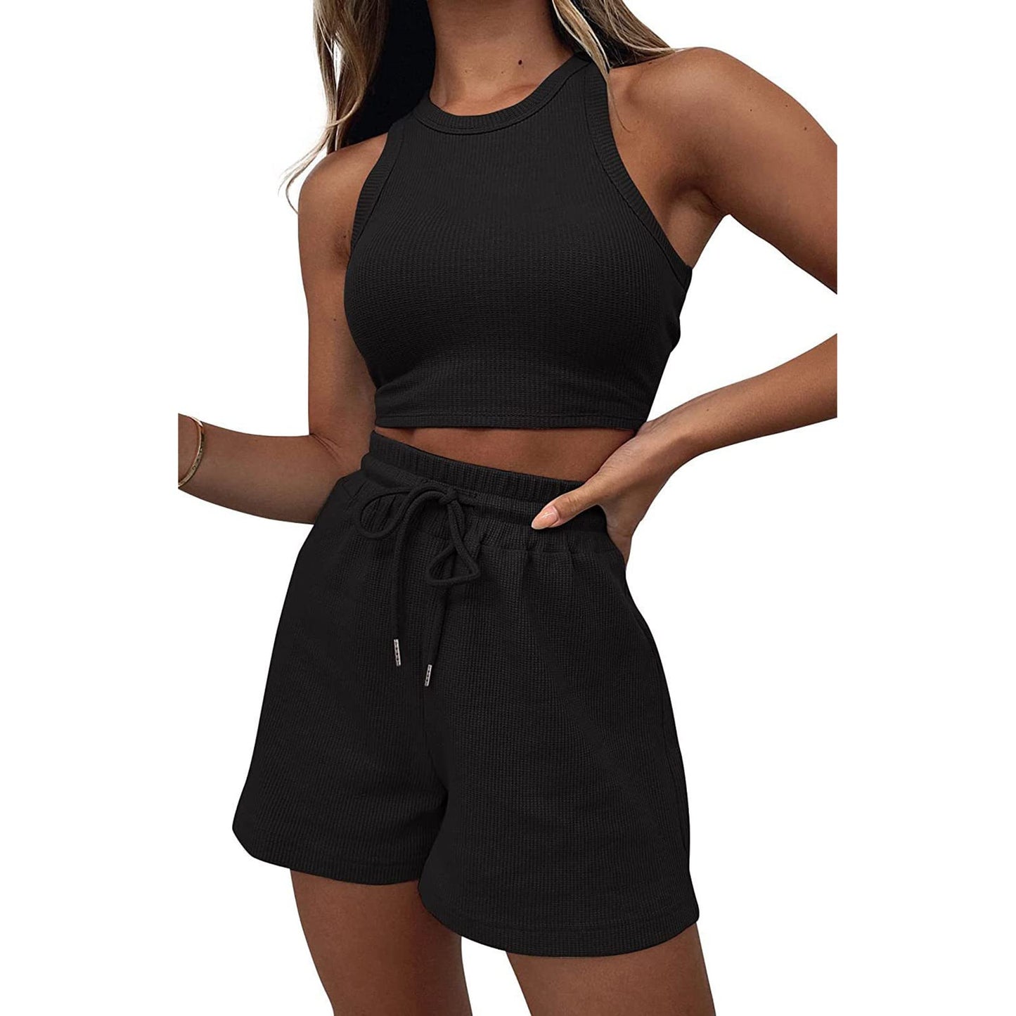 Geagodelia Damen Zweiteiler Sommer Hosenanzug Elegant Outfits Kleidung 2 Teiler Set Crop Tank Top + Shorts Y2k Aesthetic Clothes Workout Sport Anzug