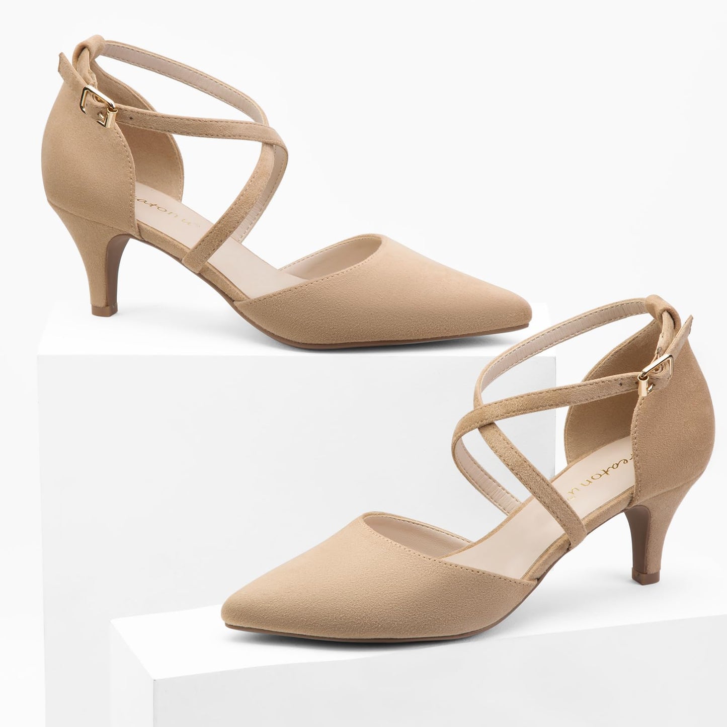 Greatonu Women's Pointed Toe Court Shoes with Ankle Strap and Kitten Heel