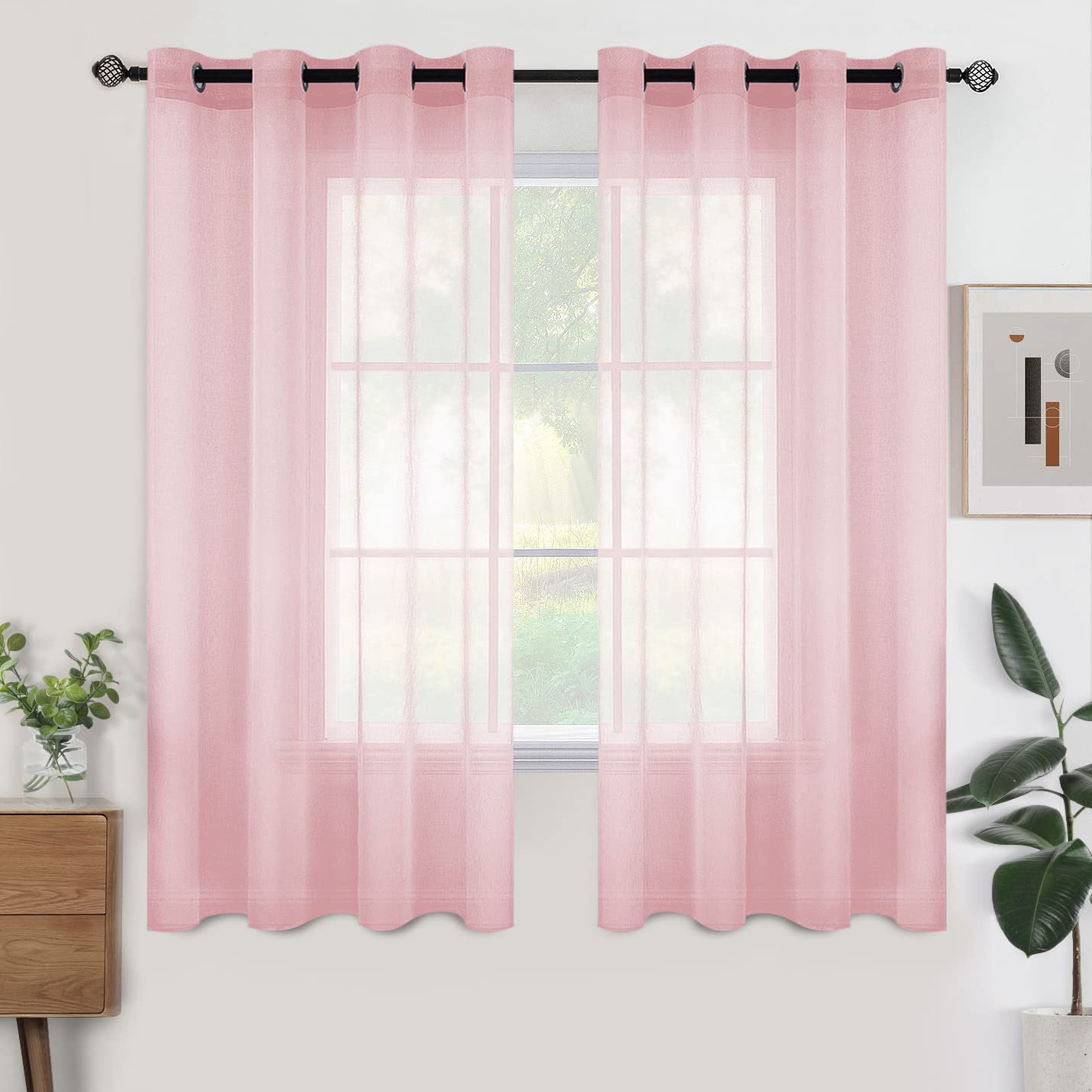 Woaboy Voile Curtains, Short Curtains, Transparent Living Room with Eyelets, Store Curtains for the Bedroom, Eyelet Curtain, Panel Curtain, Loop Curtains, Modern, Set of 2, 140 x 145 cm (W x H), Beige
