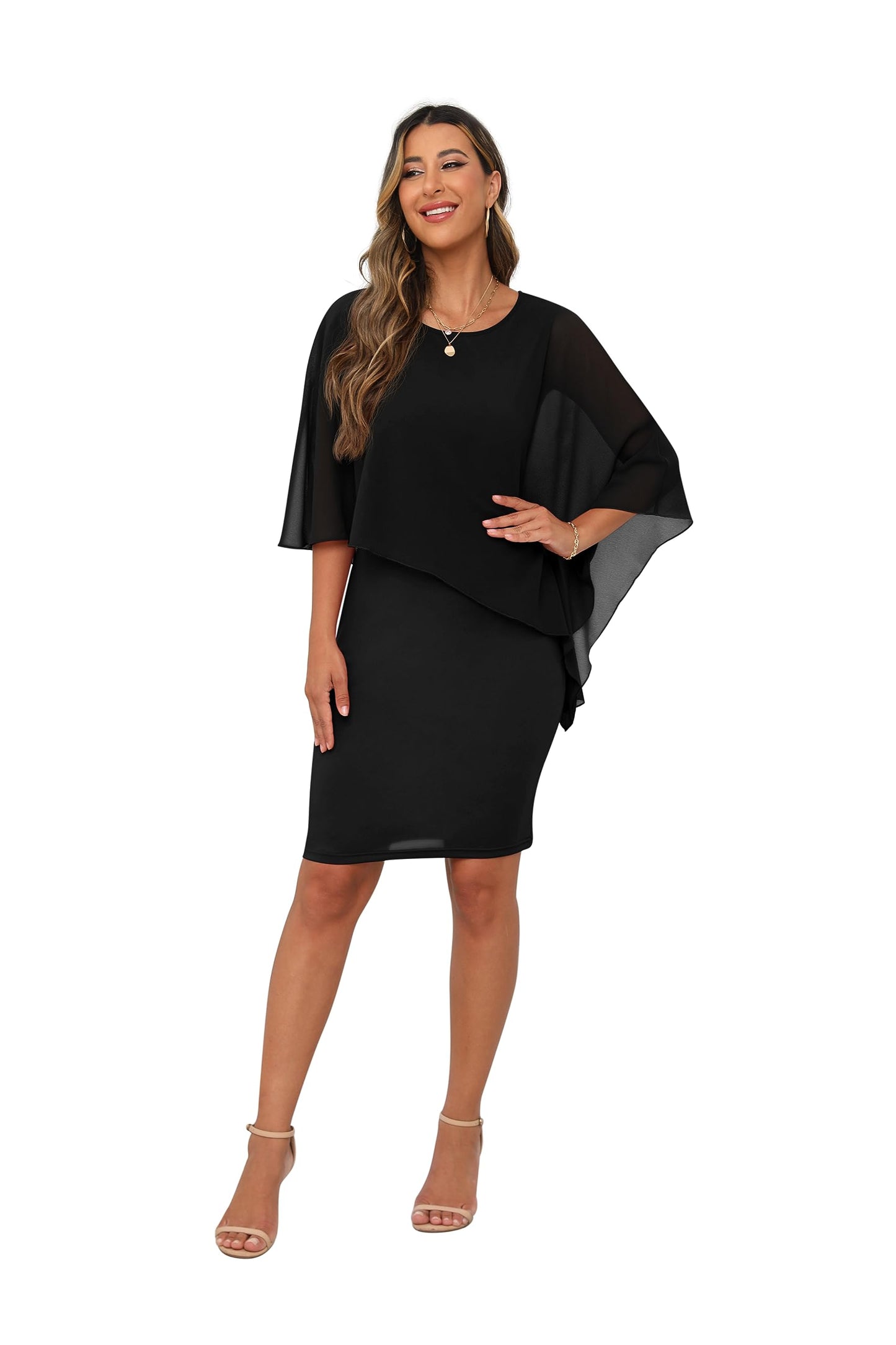 QIXING Damen Chiffon Cape Cocktialkleid Rundhals Ausschnitt Bleistiftkleid Sommerkleid Damen Knielang Elegant Abendkleid Mit Overlay Casual Bodycon Kleider