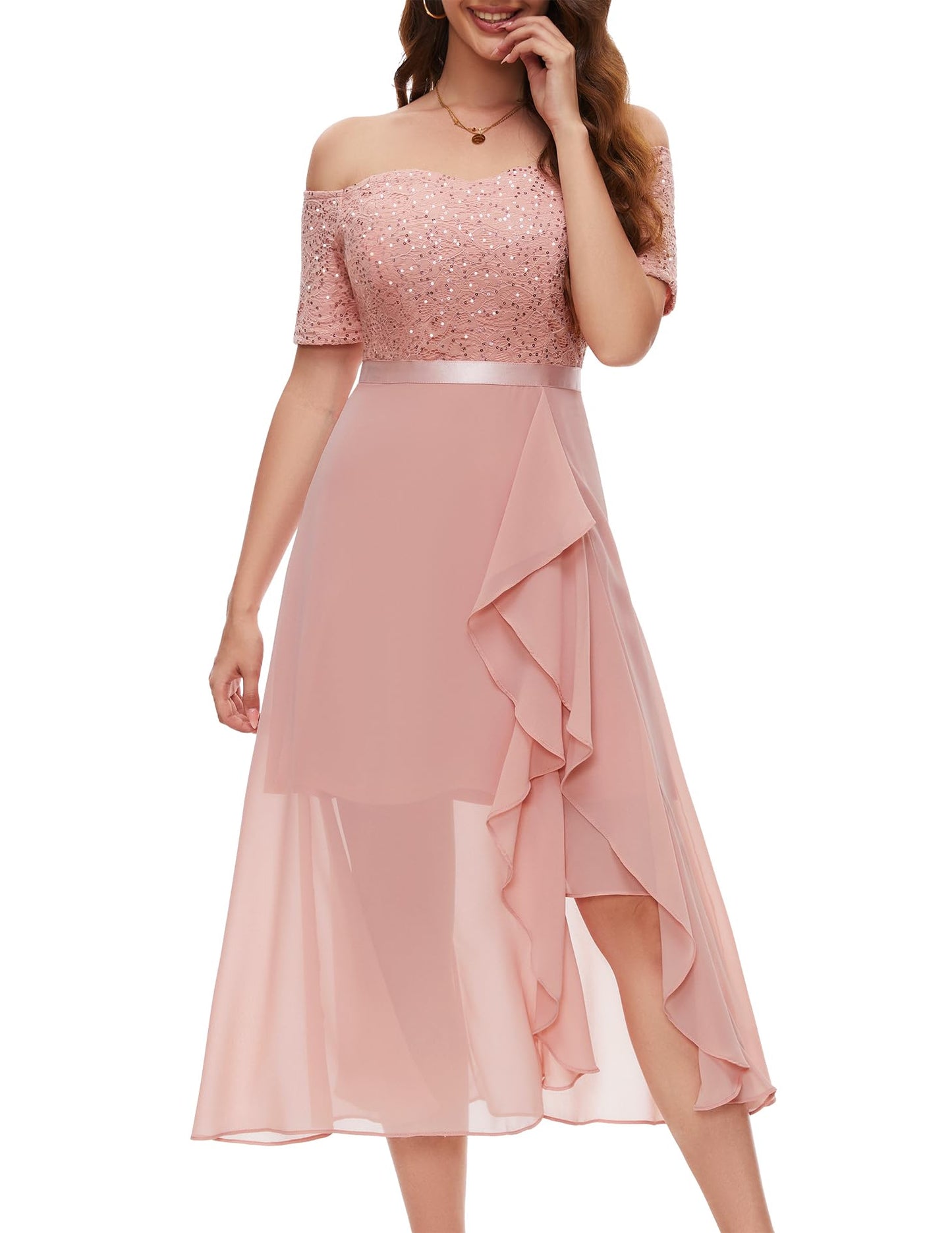 Berylove Abendkleid Damen Lang Glitzer Kleid Cocktailkleid Elegant für Hochzeit Off Shoulder Kleid Ballkleid